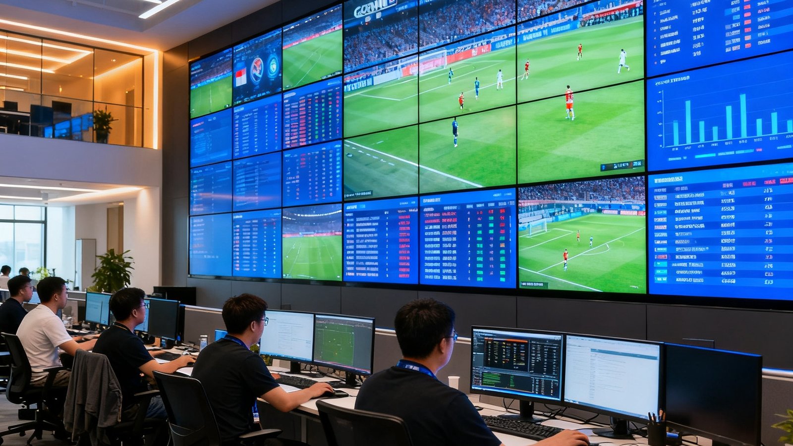 搜球吧北京总部开放式办公区实景，数十名技术人员在数据监控中心工作，墙面由24块高清屏幕拼接成巨型赛事数据墙，实时显示全球各地体育比赛的直播画面和实时数据流